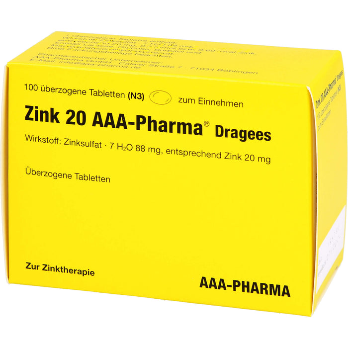 Zink 20 AAA-Pharma Dragees zur Zinktherapie, 100 St. Tabletten