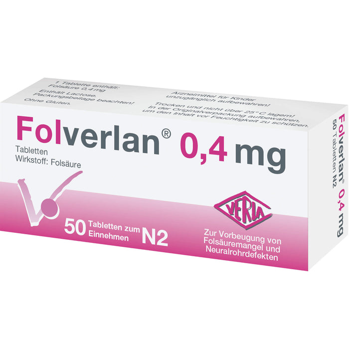 Folverlan 0,4 mg Tabletten zur Vorbeugung von Folsäuremangel und Neuralrohrdefekten, 50 pc Tablettes