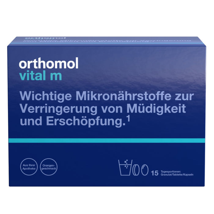 Orthomol Vital m für Männer - bei Müdigkeit - mit B-Vitaminen und Omega-3-Fettsäuren - Orangen-Geschmack - Granulat/Tabletten/Kapseln, 15 St. Tagesportionen