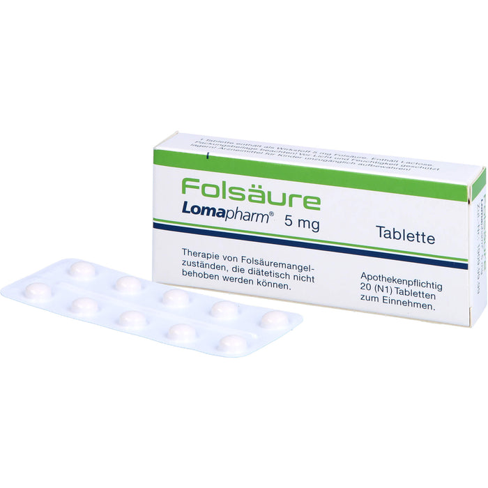 Folsäure Lomapharm 5 mg Tabletten bei gesteigertem Folsäurebedarf, 20 pc Tablettes