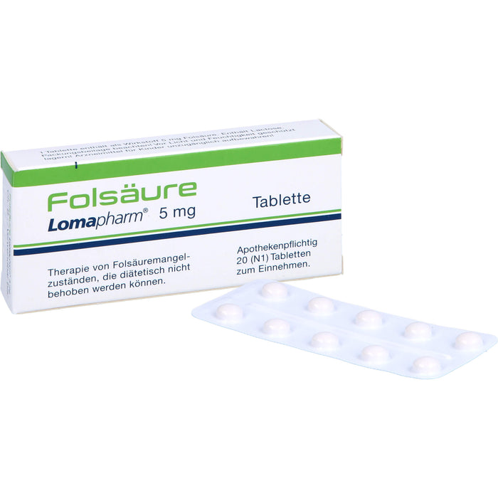 Folsäure Lomapharm 5 mg Tabletten bei gesteigertem Folsäurebedarf, 20 pcs. Tablets