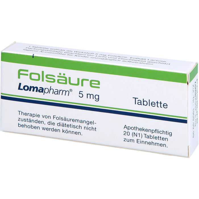 Folsäure Lomapharm 5 mg Tabletten bei gesteigertem Folsäurebedarf, 20 pcs. Tablets