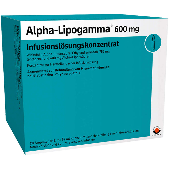 WÖRWAG Alpha-Lipogamma 600 mg Infusionslösungskonzentrat zur Behandlung von Missempfindungen bei diabetischer Polyneuropathie, 20 St. Ampullen