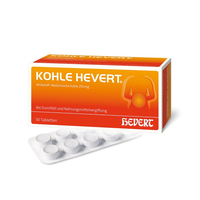 Kohle Hevert bei Durchfall sowie bei Vergiftungen durch Lebensmittel, Schwermetalle und Medikamente, 50 St. Tabletten