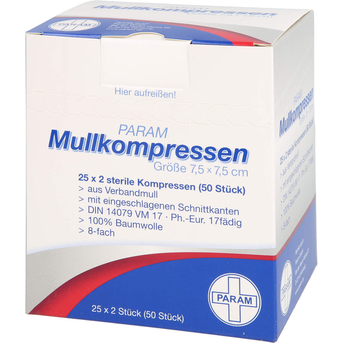 PARAM Mullkompressen 7,5 cm x 7,5 cm steril 8-fach, 50 pcs. Compresses