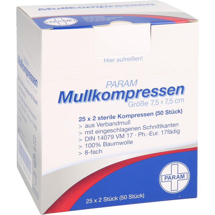 PARAM Mullkompressen 7,5 cm x 7,5 cm steril 8-fach, 50 pc Compresses