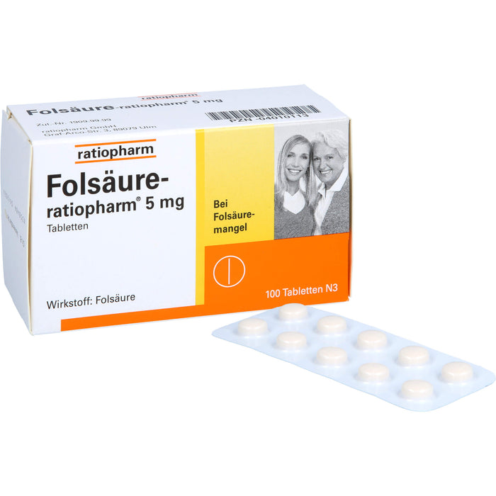 Folsäure-ratiopharm 5 mg Tabletten bei Folsäure-Mangel, 100 pc Tablettes