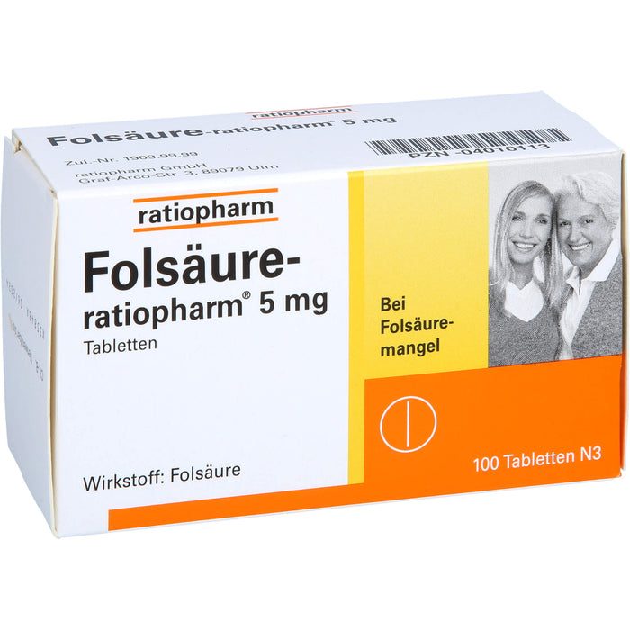 Folsäure-ratiopharm 5 mg Tabletten bei Folsäure-Mangel, 100 pcs. Tablets