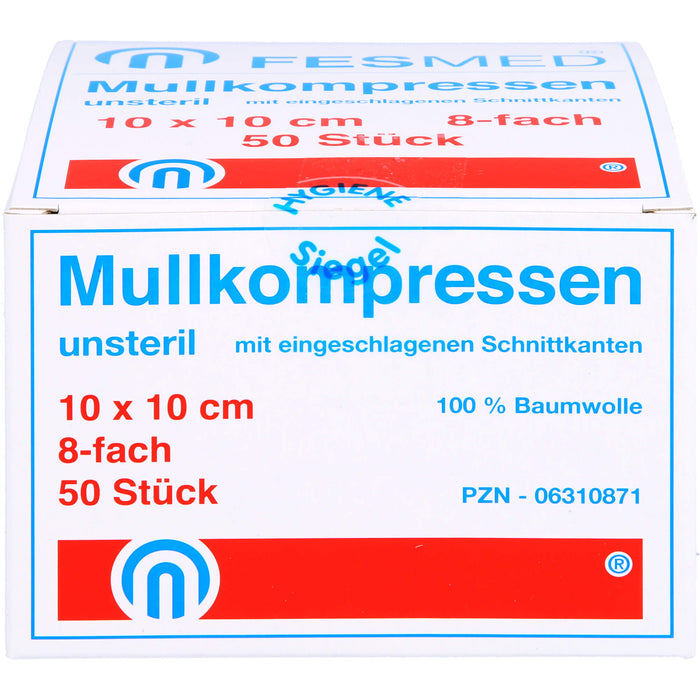 FESMED ES-Mullkompressen 10 x 10 cm 8fach unsteril mit eingeschlagenen Schnittkanten, 50 pc Compresses