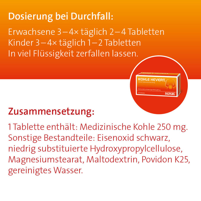 Kohle Hevert bei Durchfall sowie bei Vergiftungen durch Lebensmittel, Schwermetalle und Medikamente, 100 St. Tabletten