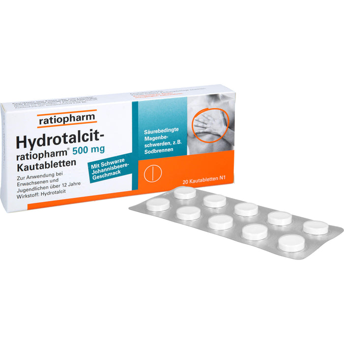 Hydrotalcit-ratiopharm 500 mg Kautabletten bei säurebedingte Magenbeschwerden wie Sodbrennen, 20 pcs. Tablets