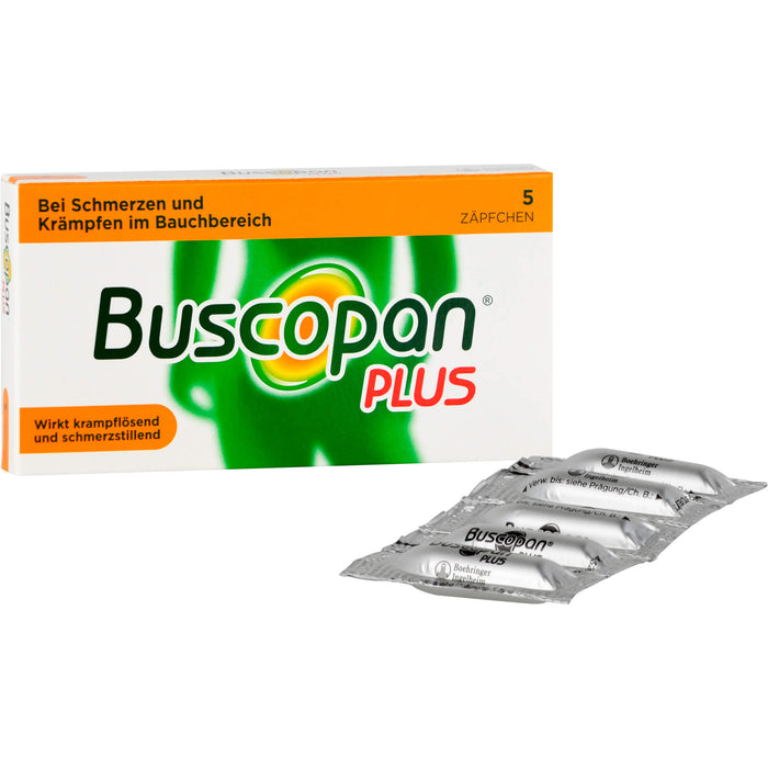 Buscopan plus 10 mg/800 mg Zäpfchen bei Schmerzen und Krämpfen im Bauchbereich, 5 pcs. Suppositories