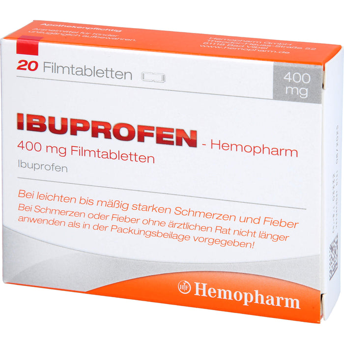 Ibuprofen-Hemopharm 400 mg Filmtabletten bei Schmerzen und Fieber, 20 pcs. Tablets