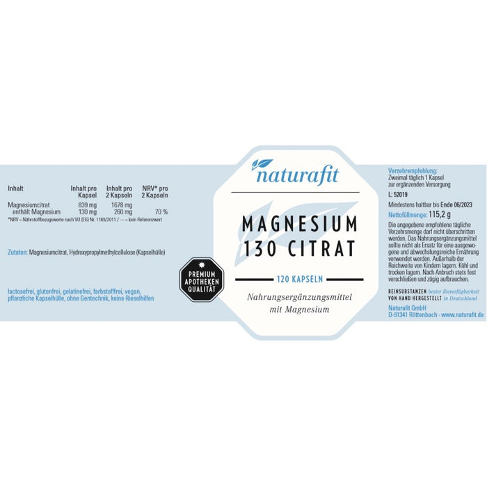 naturafit Magnesium 130 Citrat Kapseln, 120 pcs. Capsules