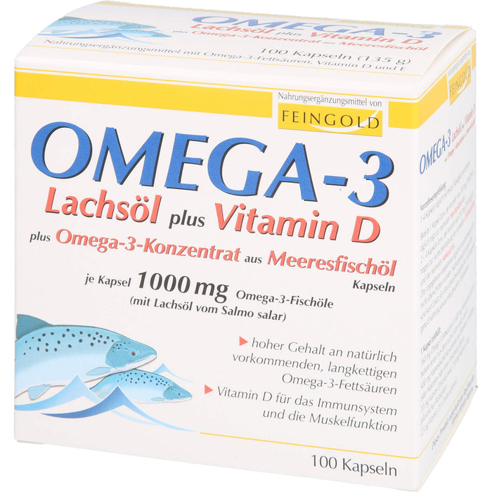 FEINGOLD Omega-3 Lachsöl plus Vitamin D plus Omega-3-Konzentrat Kapseln, 100 pcs. Capsules