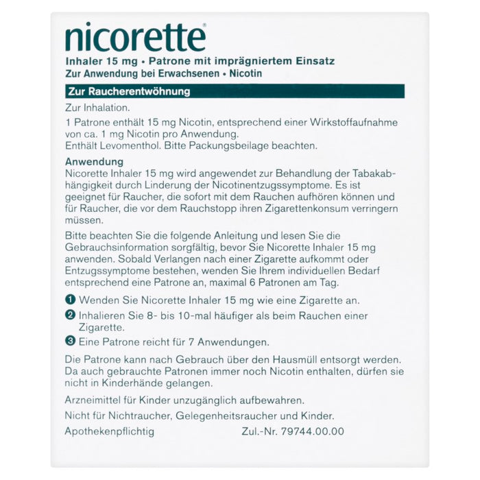 nicorette Inhaler 15 mg Nicotin zur Raucherentwöhnung Patronen, 20 pcs. Ampoules