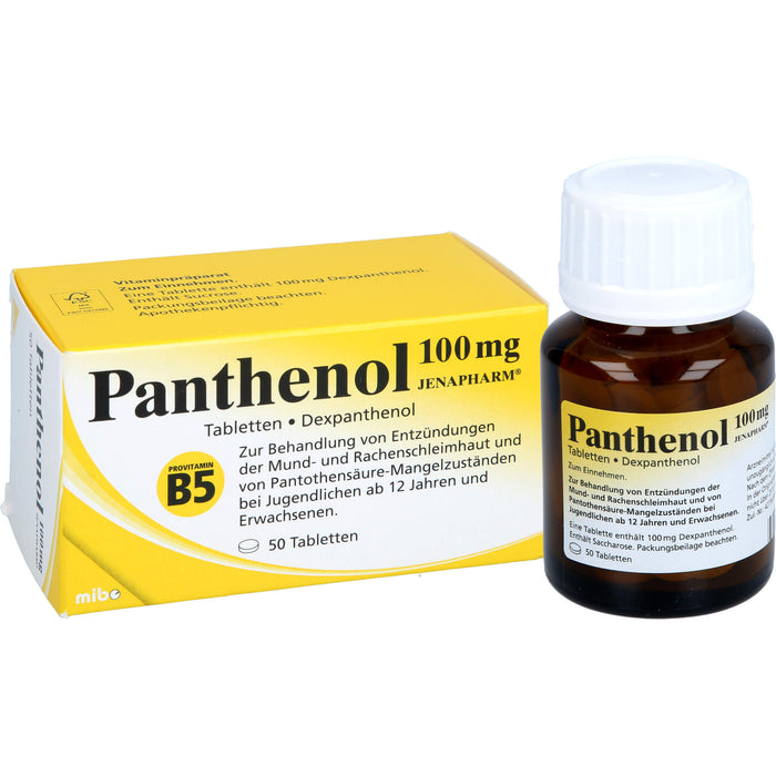 Panthenol 100 mg JENAPHARM Tabletten zur Behandlung von Entzündungen der Mund- und Rachenschleimhaut und von Pantothensäure-Mangelzuständen, 50 St. Tabletten