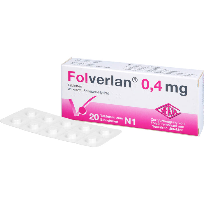 VERLA Folverlan 0,4 mg Tabletten zur Vorbeugung von Folsäuremangel und Neuralrohrdefekten, 20 pc Tablettes