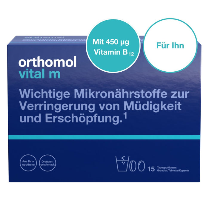 Orthomol Vital m für Männer - bei Müdigkeit - mit B-Vitaminen und Omega-3-Fettsäuren - Orangen-Geschmack - Granulat/Tabletten/Kapseln, 15 St. Tagesportionen