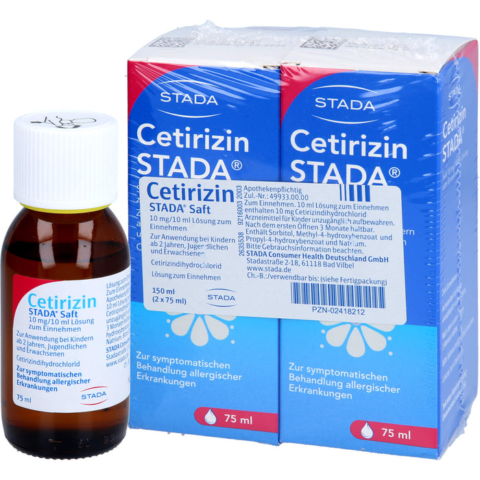 Cetirizin STADA Saft zur symptomatischen Behandlung allergischer Erkrankungen, 150 ml Solution