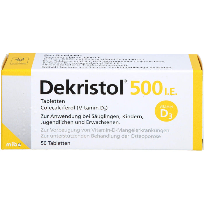 Dekristol 500 I.E. Tabletten bei Vitamin-D-Mangelerkrankungen und zur unterstützenden Behandlung der Osteoporose, 50 pc Tablettes