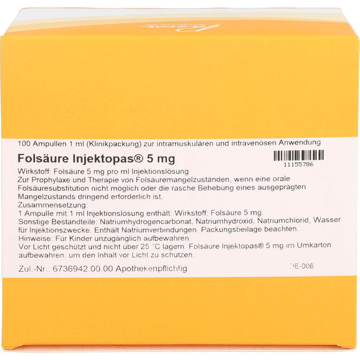 Pascoe Folsäure Injektopas 5 mg Injektionslösung bei Folsäuremangelzuständen, 100 pc Ampoules