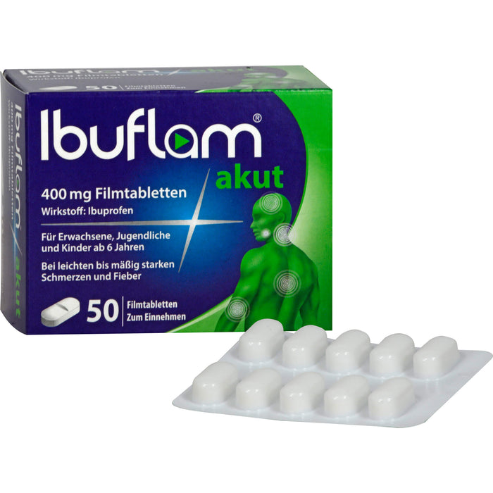 Ibuflam akut 400 mg Filmtabletten bei Schmerzen und Fieber, 50 pcs. Tablets