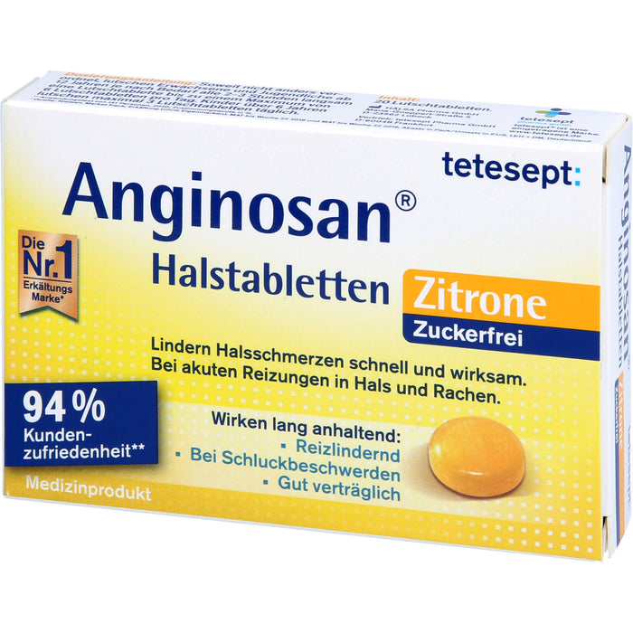 tetesept Anginosan Halstabletten Zitrone zuckerfrei lindern Halsschmerzen bei akuten Reizungen in Hals und Rachen, 20 St. Tabletten