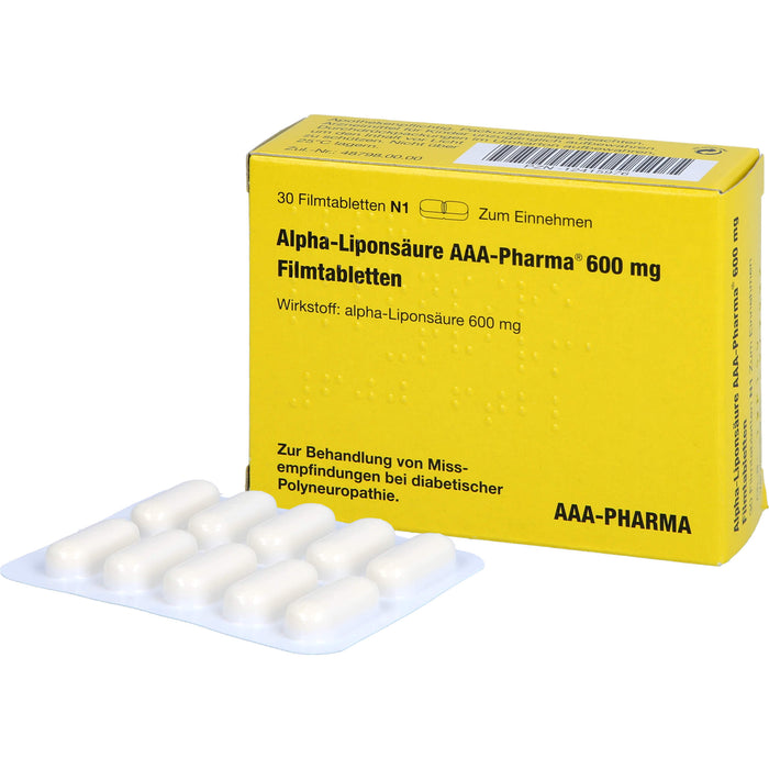 Alpha-Liponsäure AAA-Pharma 600 mg Filmtabletten zur Behandlung von Missempfindungen bei diabetischer Polyneuropathie, 30 pc Tablettes