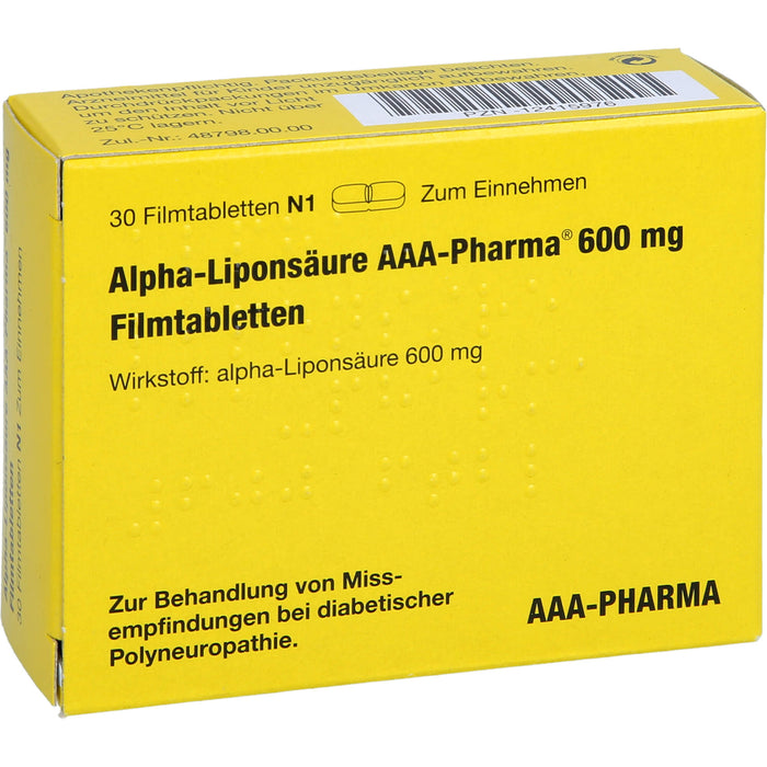 Alpha-Liponsäure AAA-Pharma 600 mg Filmtabletten zur Behandlung von Missempfindungen bei diabetischer Polyneuropathie, 30 pcs. Tablets