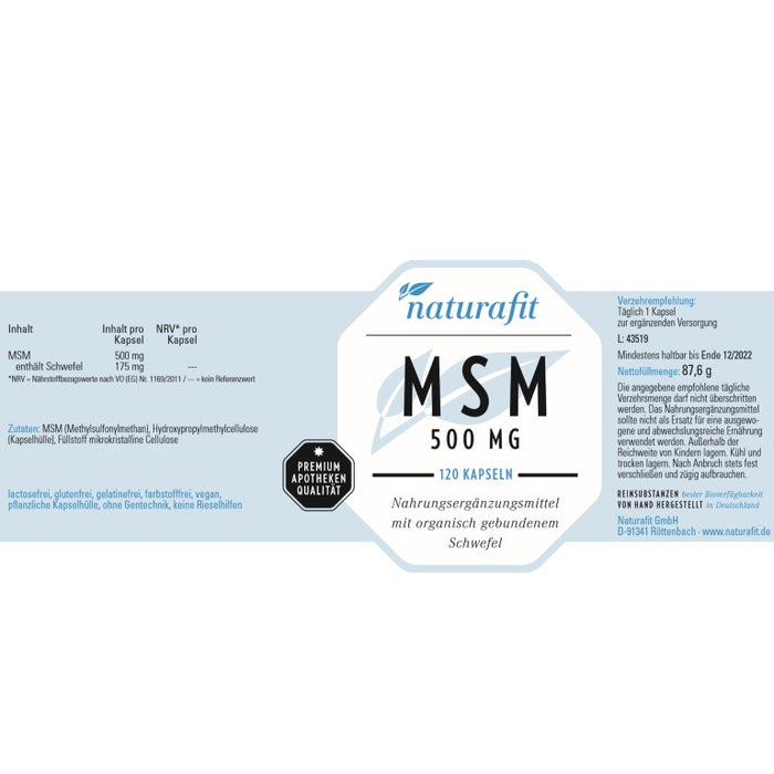 naturafit MSM 500 mg Kapseln, 120 pcs. Capsules