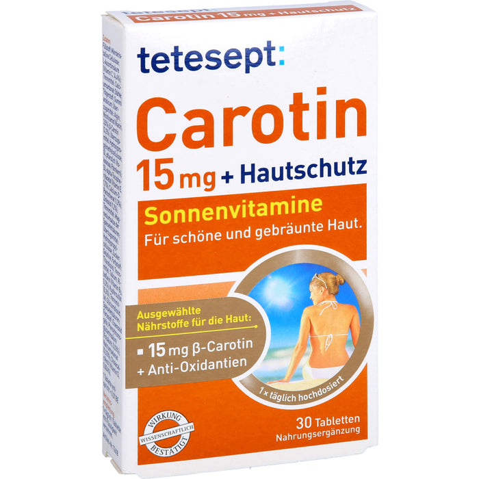 tetesept Carotin 15 mg + Hautschutz Sonnenvitamine für schöne und gebräunte Haut, 30 pc Tablettes