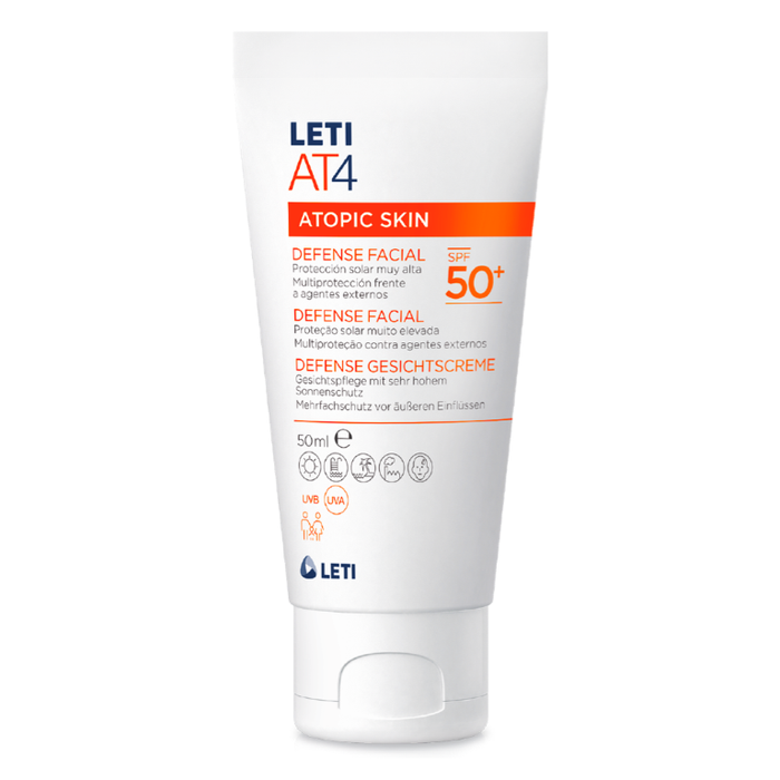 LETI AT4 Defense Gesichtscreme SPF 50+ - Wasserabweisende, hautschützende Gesichtspflege mit hohem Sonnenschutz (SPF 50+) bei trockener oder zu Neurodermitis neigender Haut, 50 ml Cream