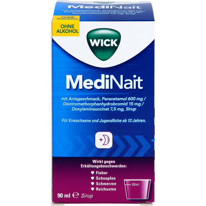 WICK MediNait mit Anisgeschmack Sirup zur effektiven Linderung von 6 Erkältungssymptomen ohne Alkohol ab 12 Jahren, 90 ml Solution