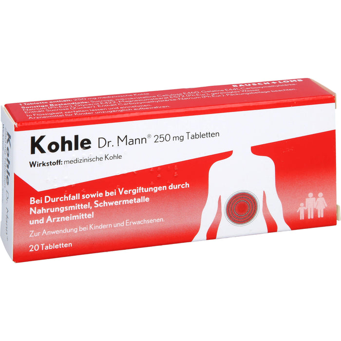 Kohle Dr. Mann 250 mg Tabletten bei Durchfall sowie bei Vergiftungen  durch Nahrungsmittel, 20 St. Tabletten