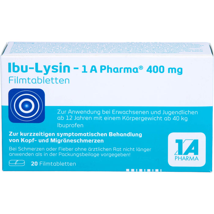 Ibu-Lysin 1A Pharma 400 mg Filmtabletten zur kurzzeitigen symptomatischen Behandlung von Kopf- und Migräneschmerzen, 20 pcs. Tablets