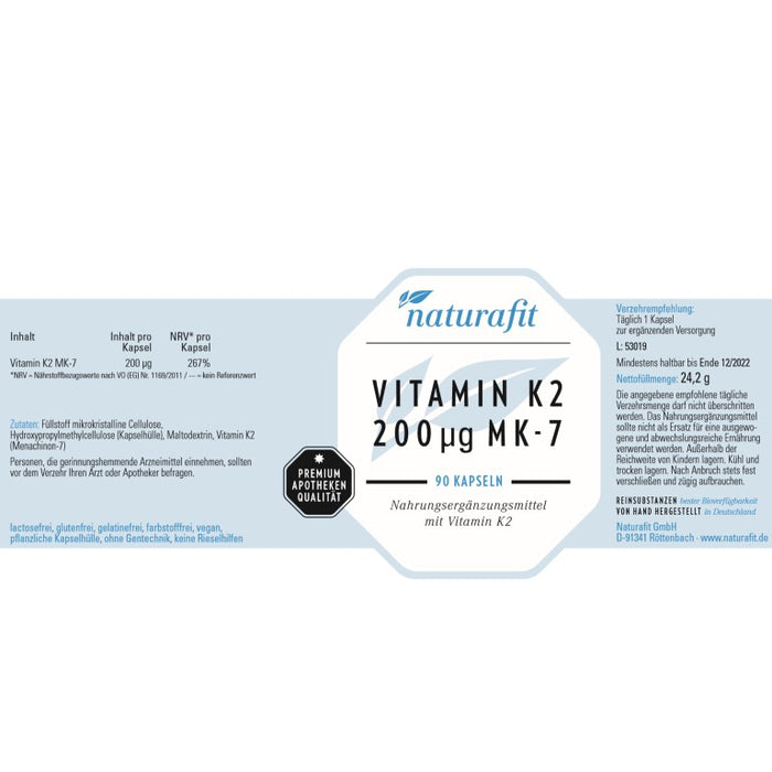 naturafit Vitamin K2 200 µg Mk-7 Kapseln, 90 pc Capsules