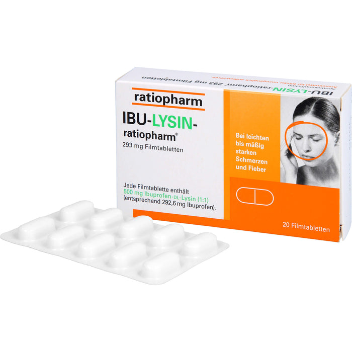 IBU-LYSIN-ratiopharm 293 mg Filmtabletten bei Schmerzen und Fieber, 20 pc Tablettes