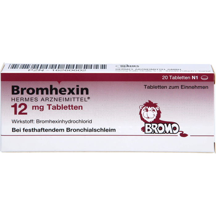 Bromhexin Hermes Arzneimittel 12 mg Tabletten bei festhaftendem Bronchialschleim, 20 pc Tablettes