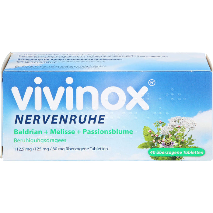 Vivinox Nervenruhe Baldrian + Melisse + Passionsblume .Beruhigungsdragees, 40 pc Dragées