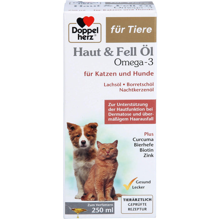 Doppelherz Haut & Fell Öl Omega 3 für Katzen + Hunde zur Unterstützung der Hautfunktion bei Dermatose und übermäßigem Haarausfall, 250 ml Solution