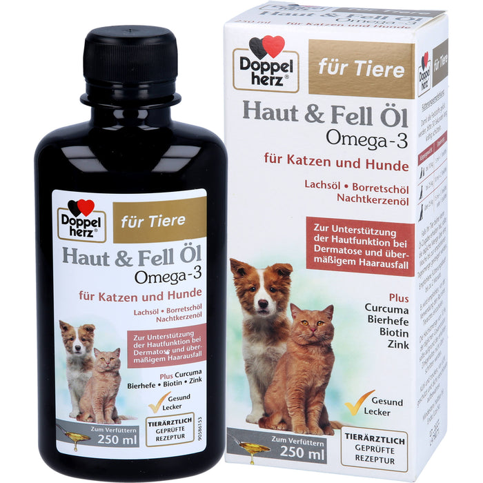 Doppelherz Haut & Fell Öl Omega 3 für Katzen + Hunde zur Unterstützung der Hautfunktion bei Dermatose und übermäßigem Haarausfall, 250 ml Lösung