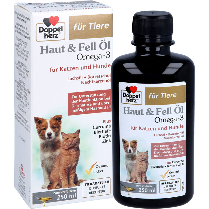 Doppelherz Haut & Fell Öl Omega 3 für Katzen + Hunde zur Unterstützung der Hautfunktion bei Dermatose und übermäßigem Haarausfall, 250 ml Lösung