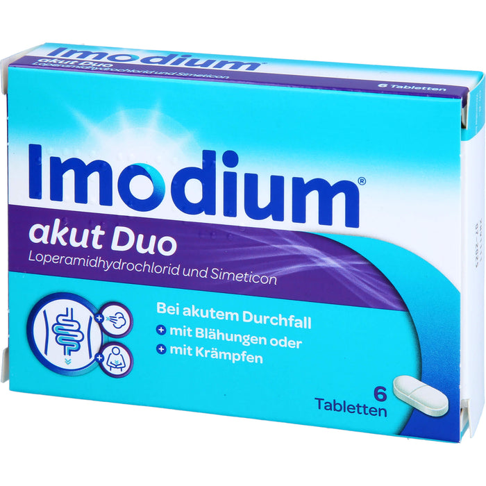 Imodium akut Duo 2 mg / 125 mg Tabletten bei akutem Durchfall mit Blähungen, 6 pc Tablettes