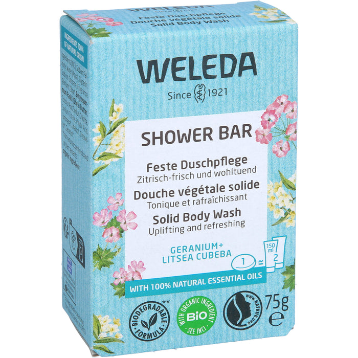 WELEDA Feste Duschpflege Geranium + Litsea Cubeba zitrisch frisch und wohltuend, 75 g Seifenstück