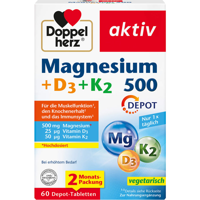 Doppelherz Magnesium 500 + D3 + K2 Depot, 60 St TAB