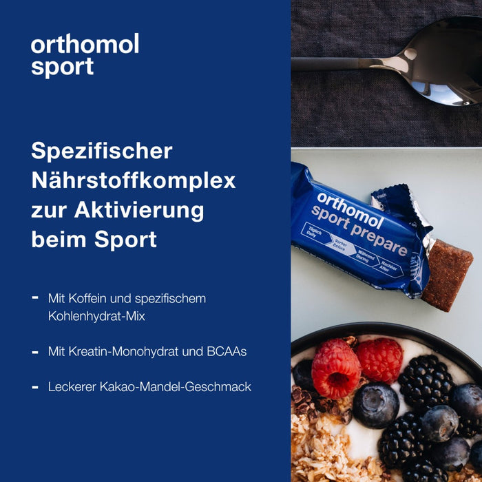 Orthomol Sport prepare - Fruchtriegel mit Kreatin, Koffein und BCAAs - Einnahme vor dem Training - Schoko-Mandel-Dattel-Geschmack, 16 St. Tagesportionen