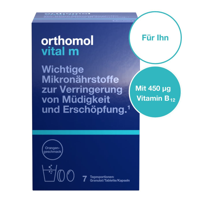 Orthomol Vital m für Männer - bei Müdigkeit - mit B-Vitaminen und Omega-3-Fettsäuren - Orangen-Geschmack - Granulat/Tabletten/Kapseln, 7 St. Tagesportionen