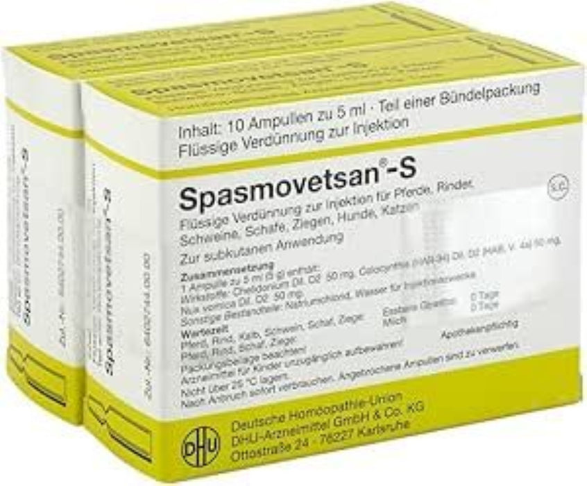 DHU Spasmovetsan-S flüssige Verdünnung zur Injektion für Pferde, Rinder, Schweine, Schafe, Ziegen, Katzen und Hunde, 20 pcs. Ampoules