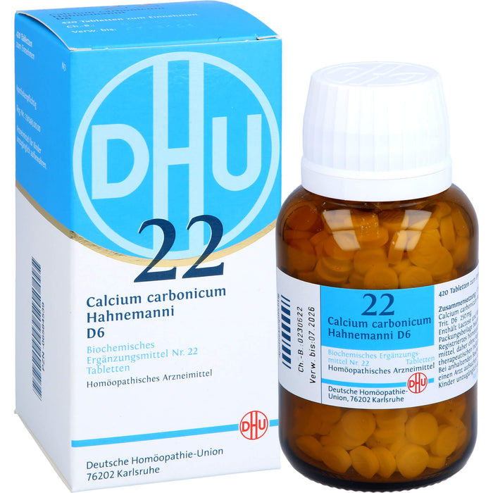 DHU Calcium carbonicum Hahnemanni D6 Biochemisches Ergänzungsmittel Nr. 22 – Das Mineralsalz des Calciumstoffwechsels und des Lymphsystems – umweltfreundlich im Arzneiglas, 420 pc Tablettes